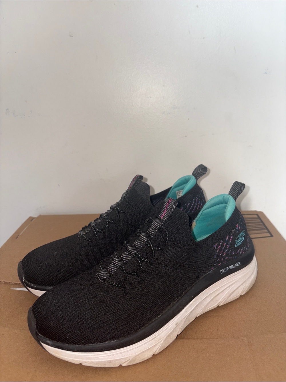 Skechers D'LUX Walker Black with Teal Accent Slip-On Sneakers - Picture 3 of 5